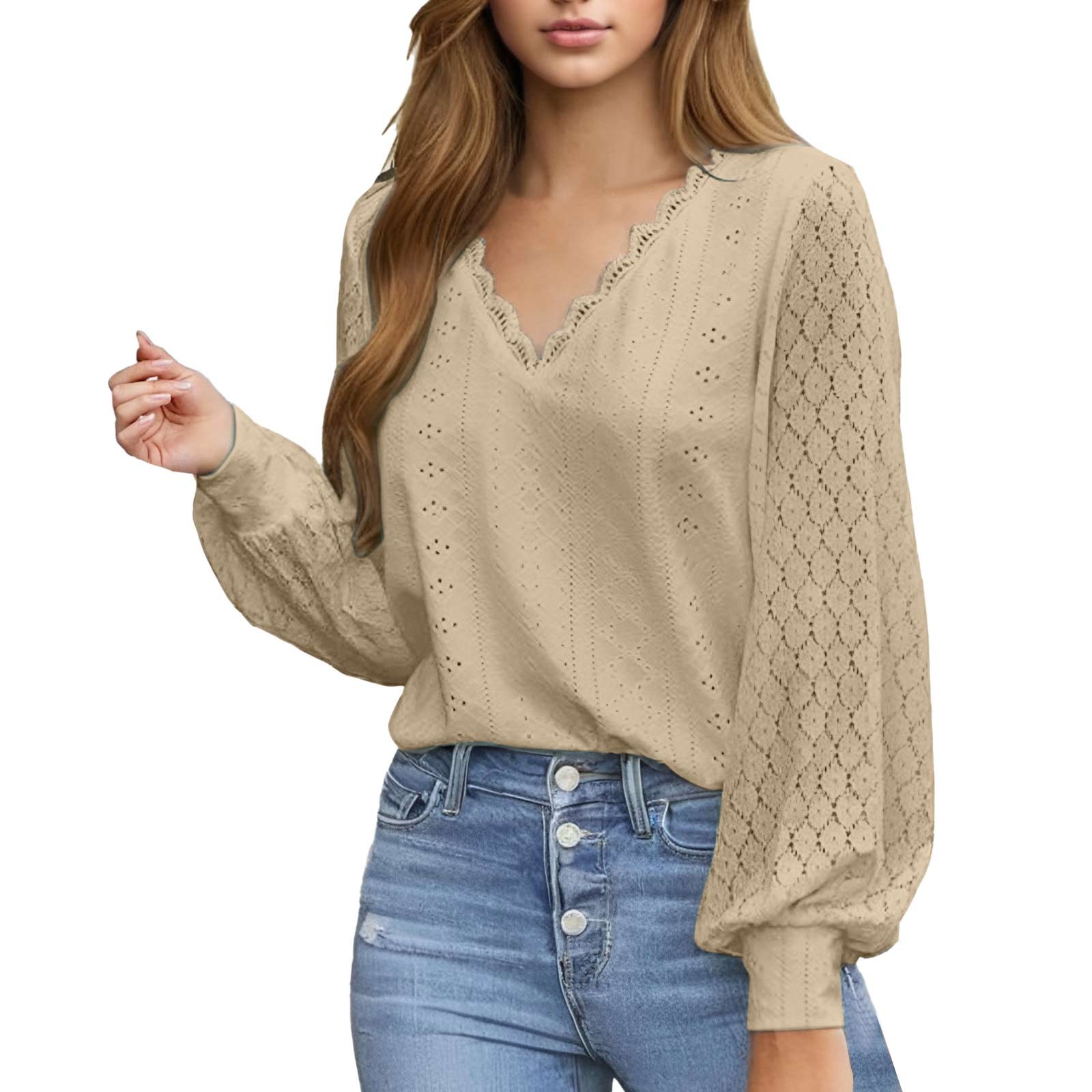 thumbnail image 2 of Top de manga larga con cuello en V y ribete de encaje para mujer - Blusa con detalle de ojales, poliéster/spandex, informal/playa - Tallas S-XXL, 2 of 6